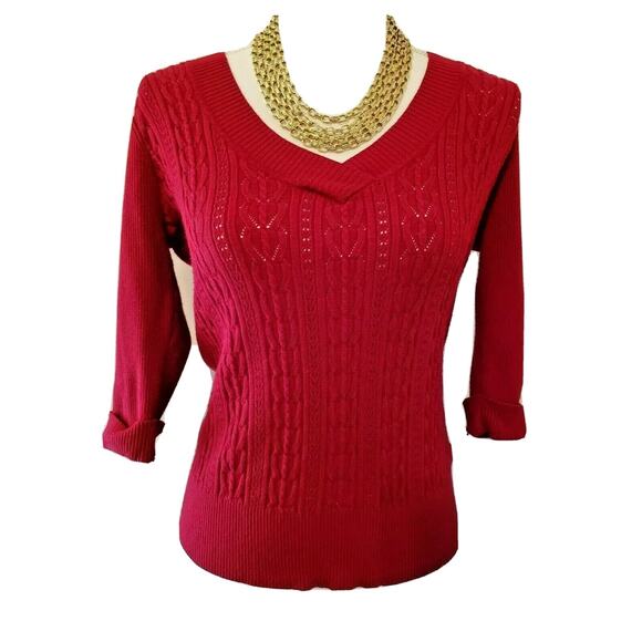 Studio 1940 Womens Red Cable Knit Sweater 3/4 Sleeve V Neck Stretchy Small S - Picture 1 of 3